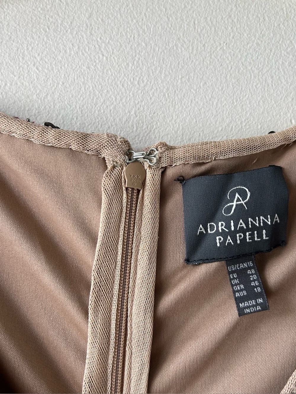 Adrianna Papell Women's Long Beaded V-Neck Dress Cap Sleeves Waistband Nude Tan - Picture 6 of 16